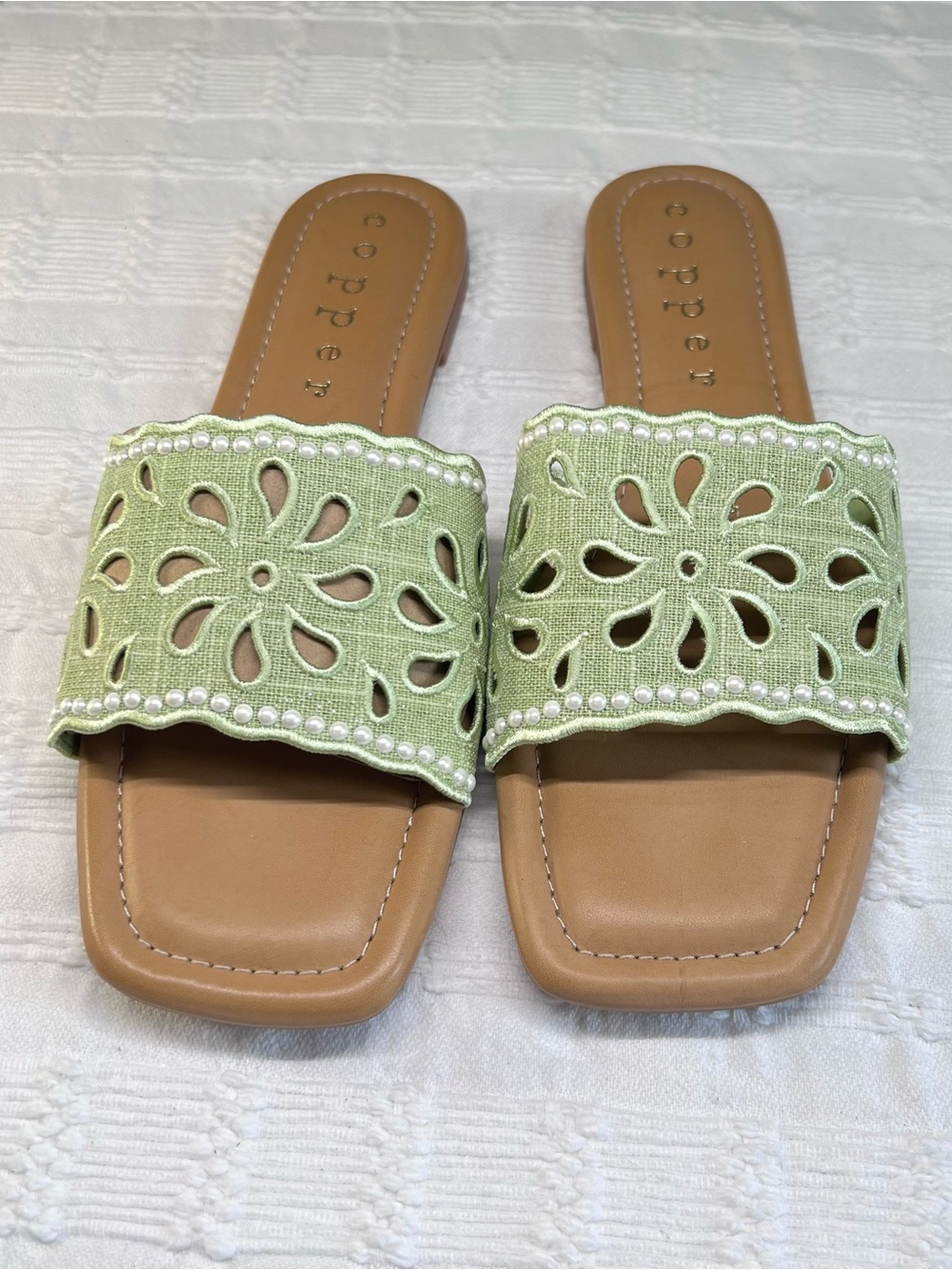 Copper Key Sage Green Embroidered Slide Sandals